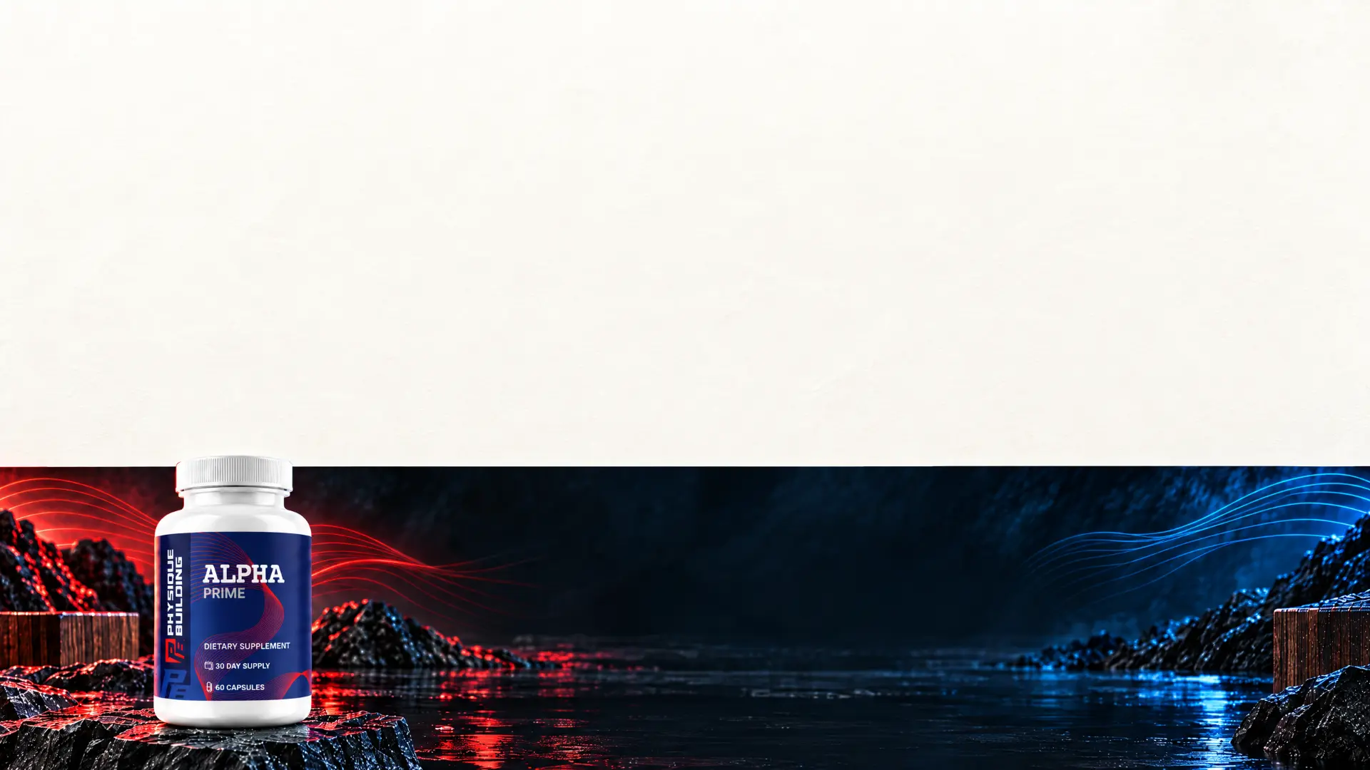 Alpha Prime bottle on dark volcanic rock with red and blue lighting